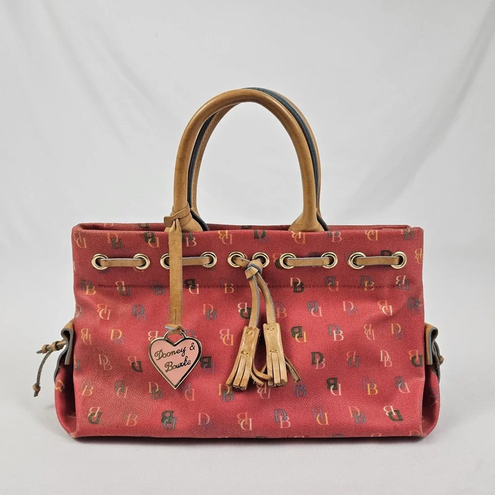 Vintage Dooney & Bourke Handbag Logo Red Rainbow Monogram IT Tassel Tote Satchel